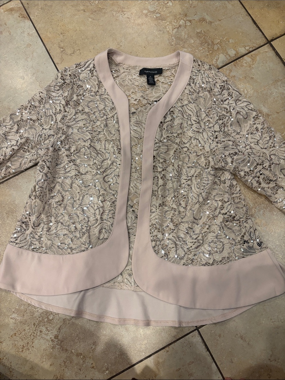 R&M Richards ASL Pale Blush Lace & Sequin Open Front Jacket  Wedding Event